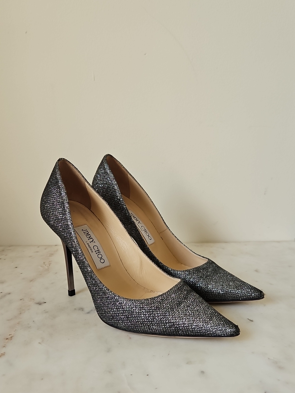 JIMMY CHOO: Glam Silver Glitter Pointed Toe Stilettos